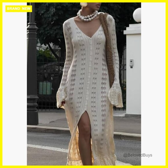 Long Cardigan Sweater Maxi Dress Button Down Boho Crochet Cover Up - Picture 2 of 7